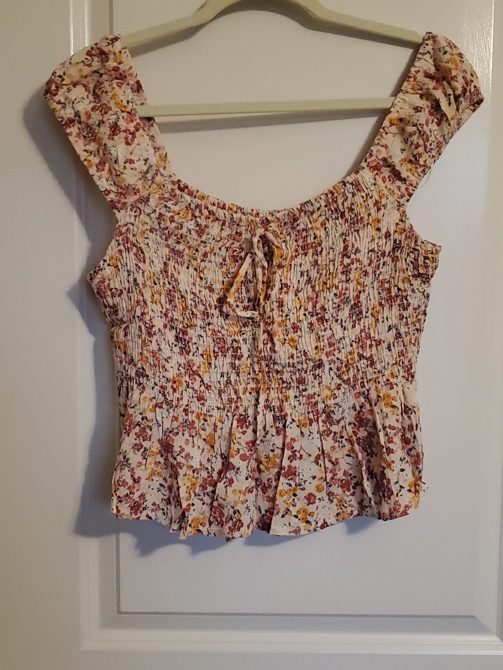 Lush Floral Smocked Peplum Crop Top with Pink & Yellow Accents